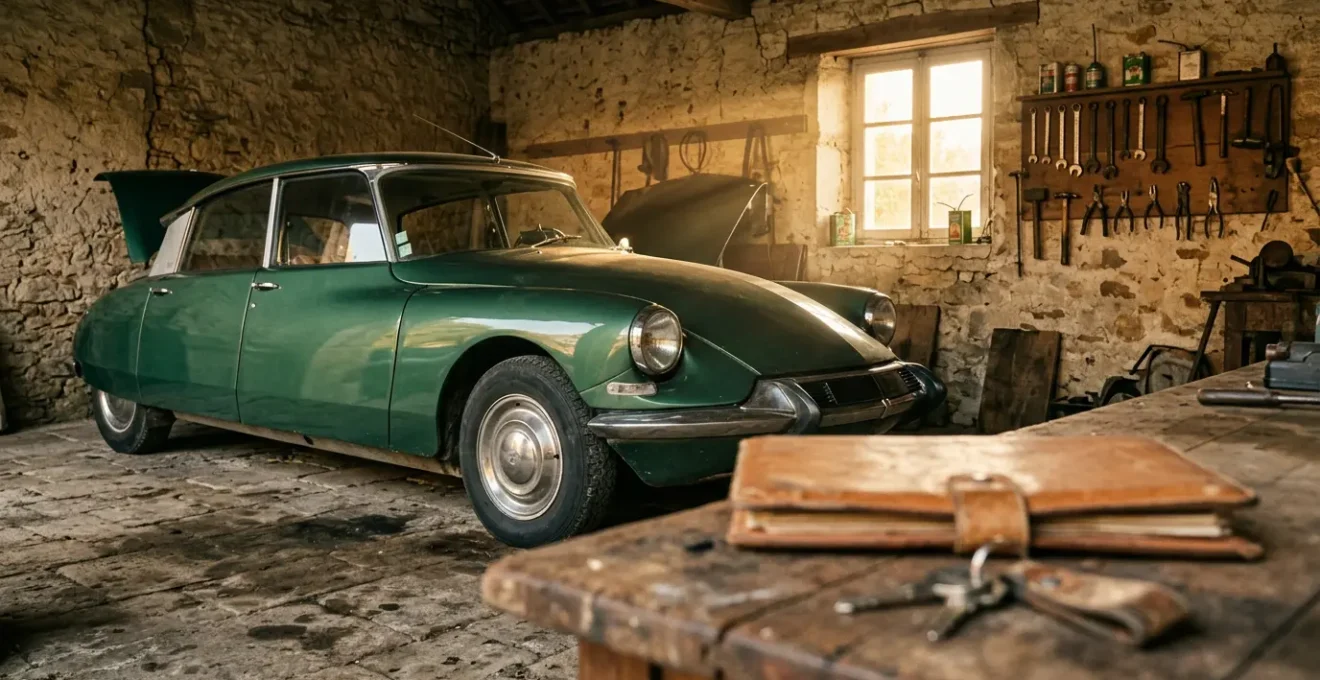 Voiture de collection dans un garage français avec documents d'assurance et carte grise collection