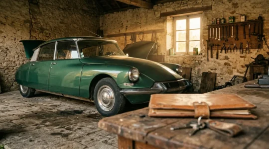 Voiture de collection dans un garage français avec documents d'assurance et carte grise collection