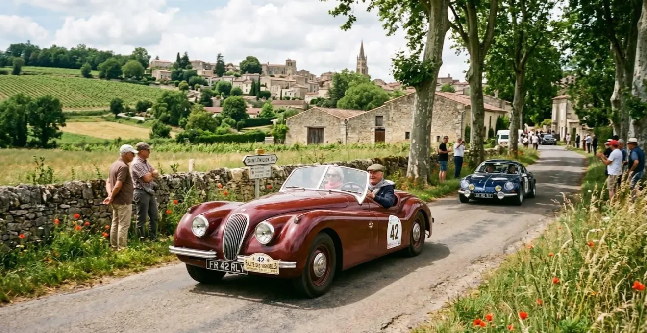 Voiture de collection ancienne sur une route de campagne française lors d'un rallye touristique